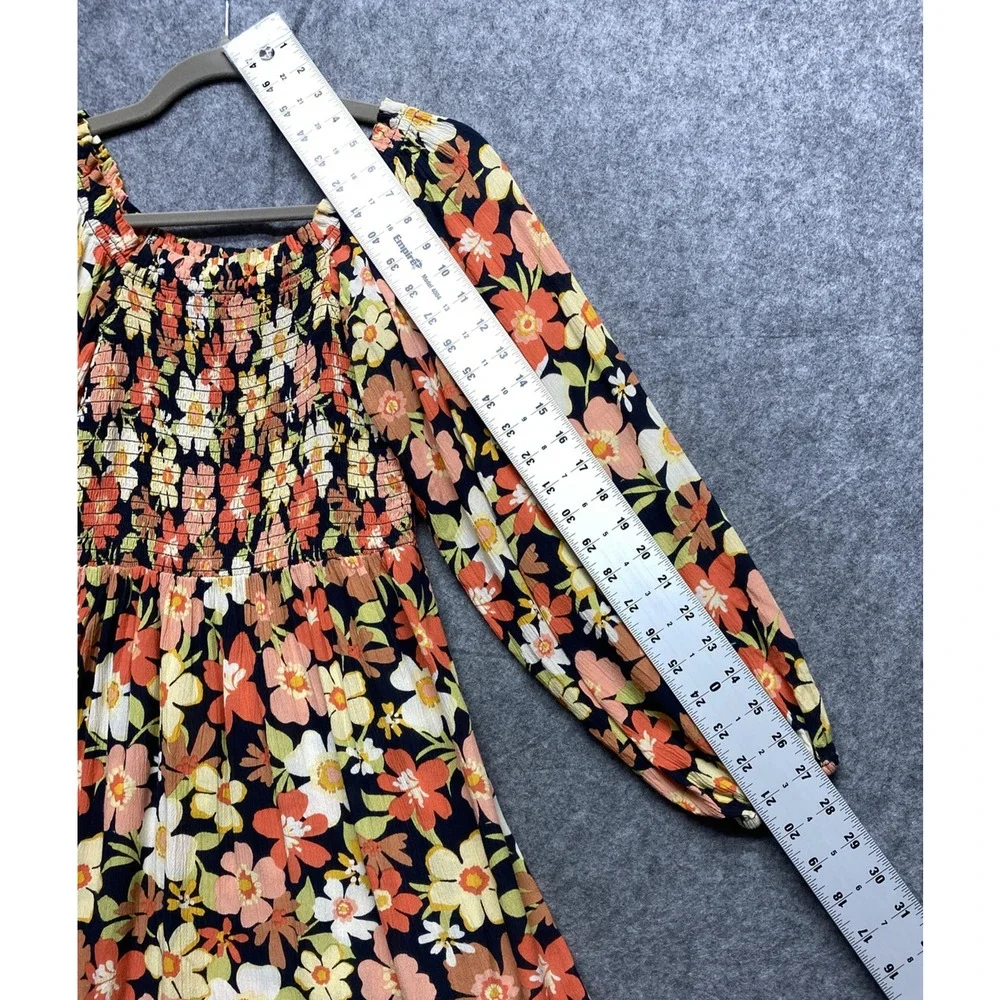 Billabong Dress Womens Large Black Floral Smocked Long Sleeve Boho Mini - Picture 4 of 9